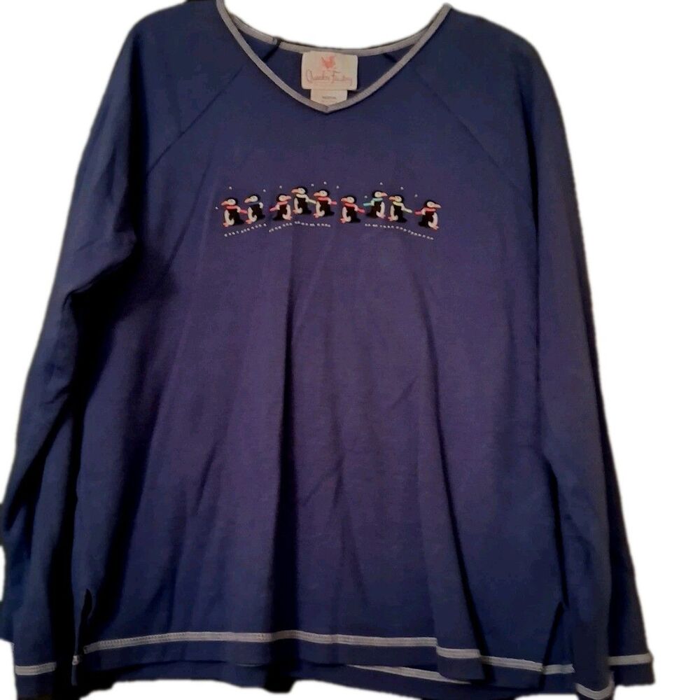 Quacker Factory 9 Blue Penquins Embellished‎ Long Sleeve Top Size Medium